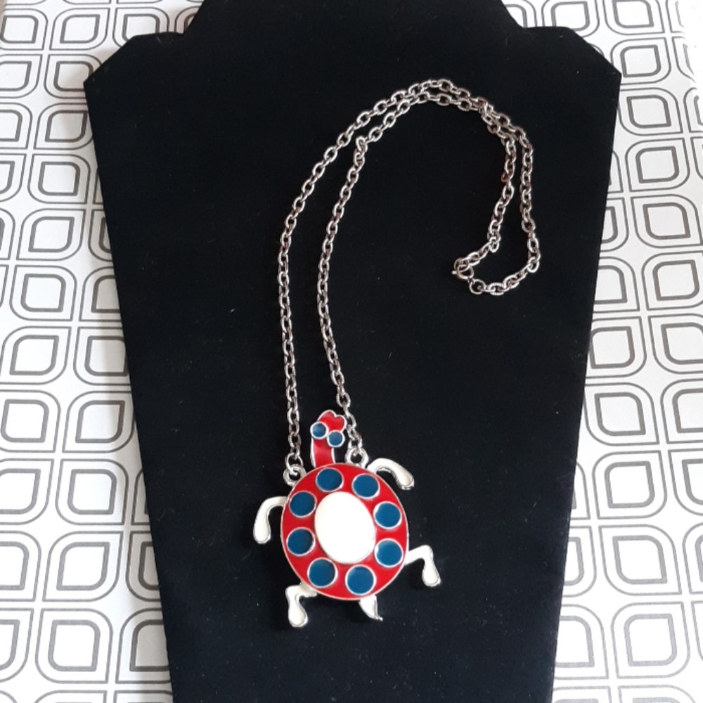 Vintage Blue/Red Enamel Turtle Pendant Necklace